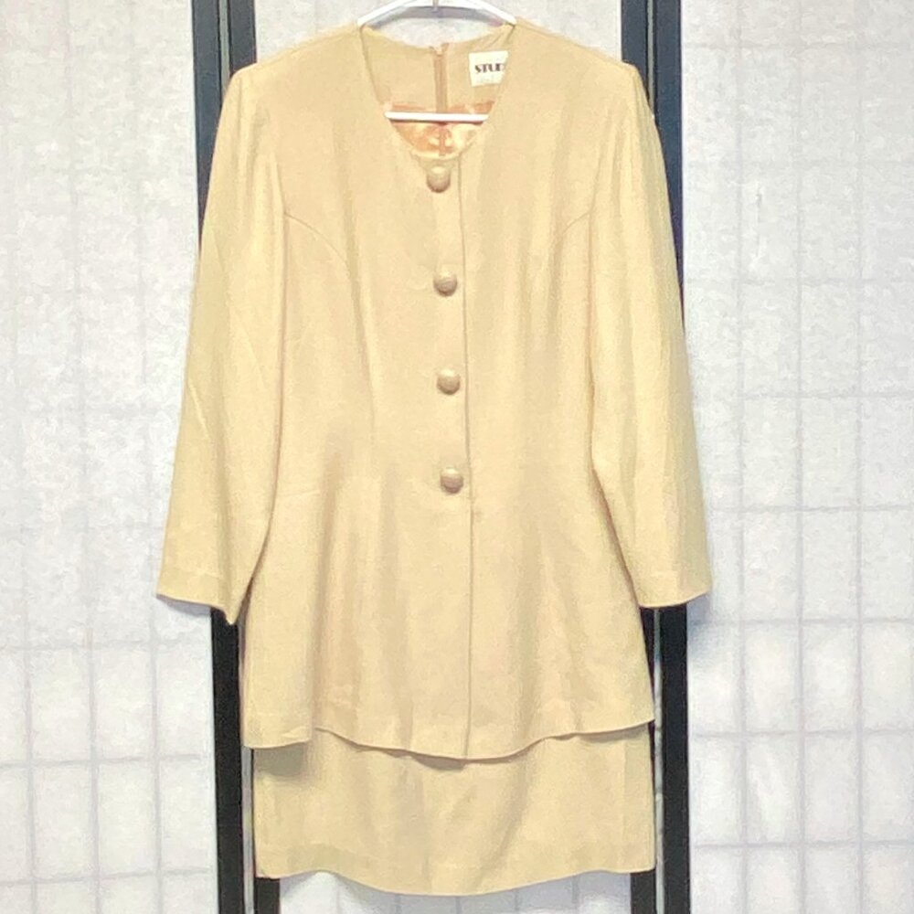 Studio I Vintage Jacket Skirt Suit Dress Blazer Kick Pleat Beige S Long Sleeve